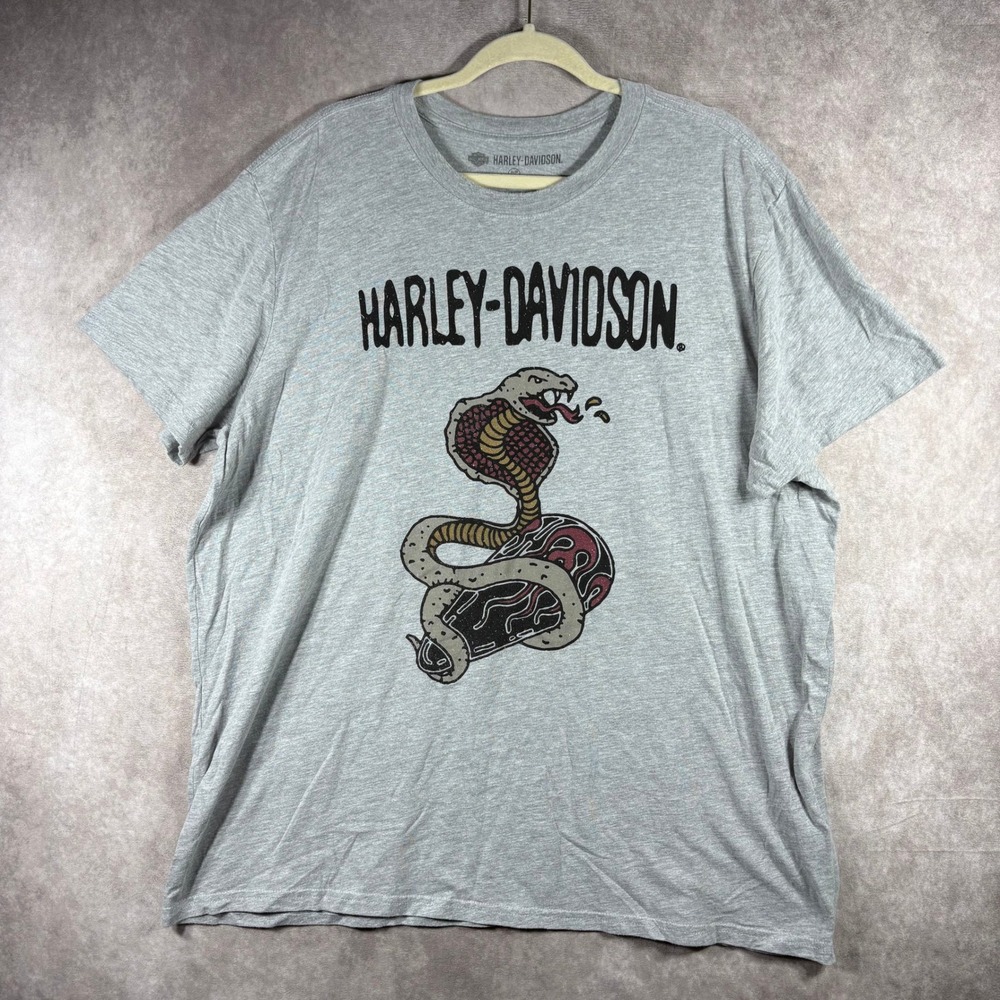 Harley Davidson T-Shirt Mens 2XL Gray Cobra Snake Graphic Slim Fit Short Sleeve